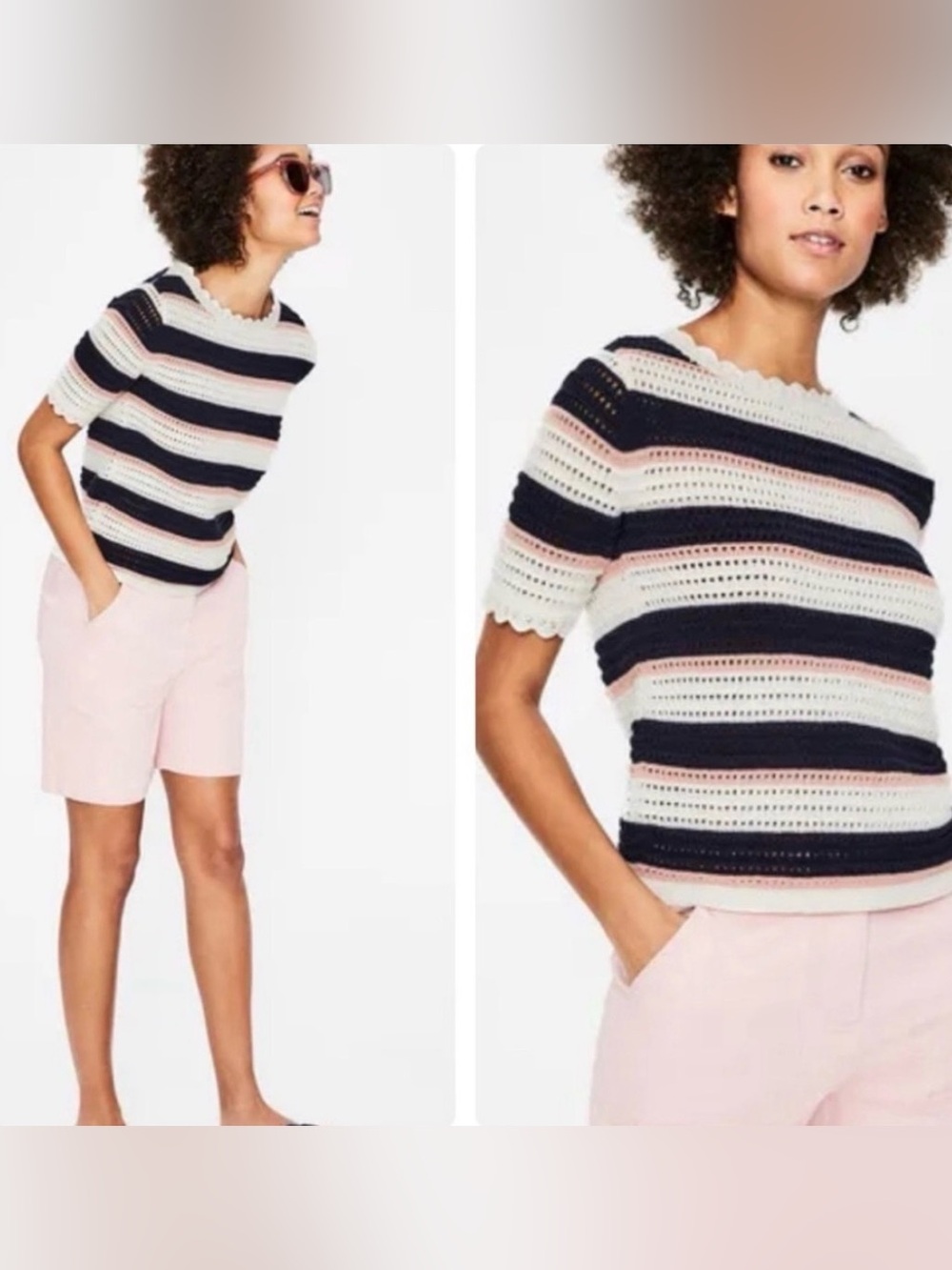Boden Corrina Knitted Tee - Ivory, Navy And Pink Stripe
